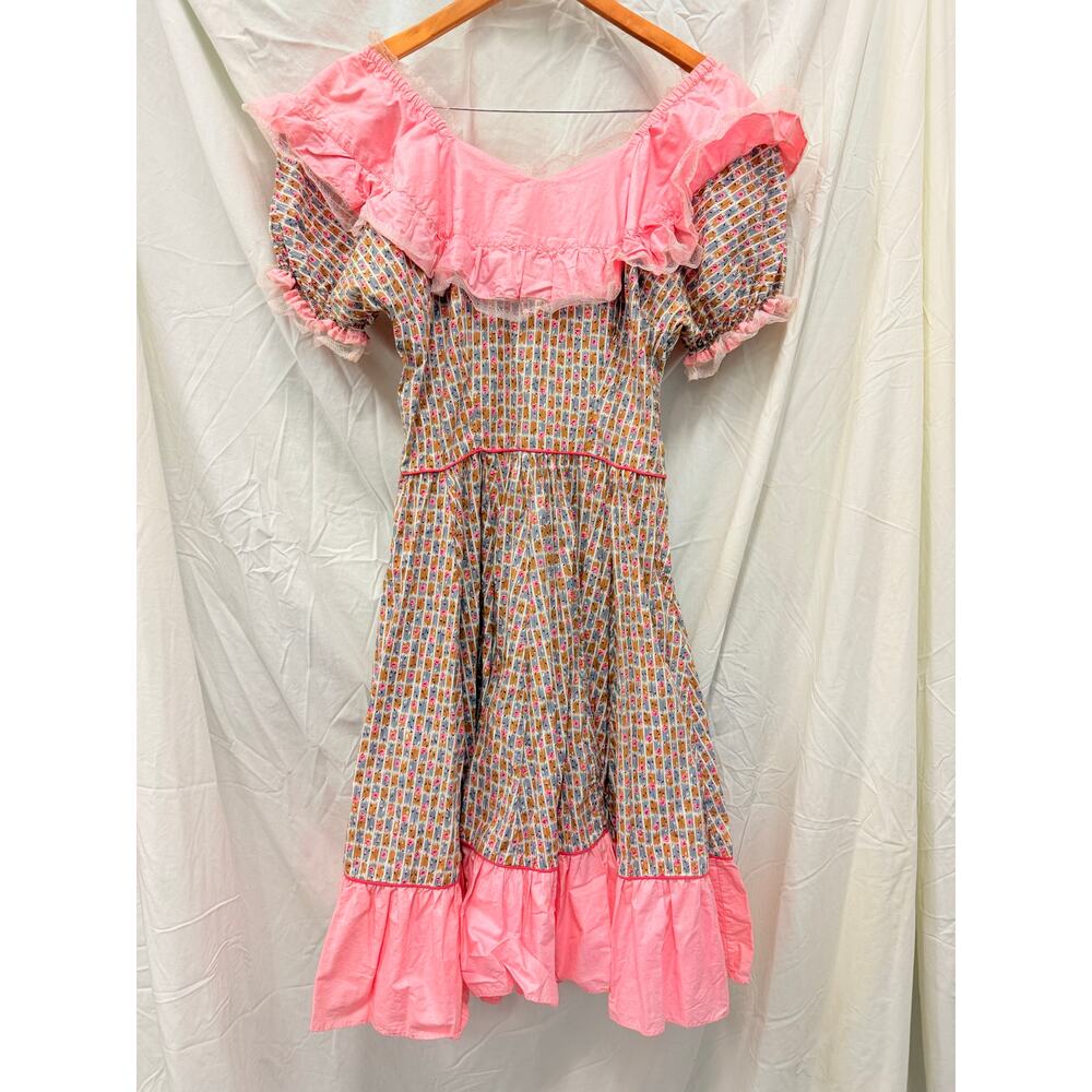 Vintage 1960s/70s Pink Floral Square Dancer Rockabilly Dress‎ Whimsical Prairie